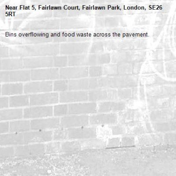 Bins overflowing and food waste across the pavement. -Flat 5, Fairlawn Court, Fairlawn Park, London, SE26 5RT