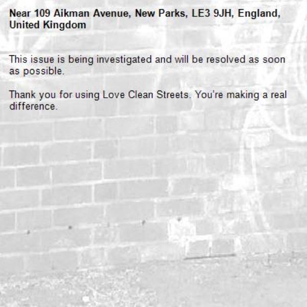 This issue is being investigated and will be resolved as soon as possible.
	
Thank you for using Love Clean Streets. You’re making a real difference.
-109 Aikman Avenue, New Parks, LE3 9JH, England, United Kingdom