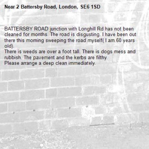BATTERSBY ROAD junction with Longhill Rd has not been cleaned for months. The road is disgusting. I have been out there this morning sweeping the road myself( I am 60 years old).
There is weeds are over a foot tall. There is dogs mess and rubbish. The pavement and the kerbs are filthy.
Please arrange a deep clean immediately.-2 Battersby Road, London, SE6 1SD