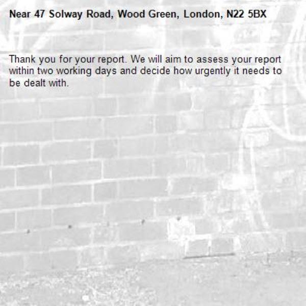 Thank you for your report. We will aim to assess your report within two working days and decide how urgently it needs to be dealt with.-47 Solway Road, Wood Green, London, N22 5BX