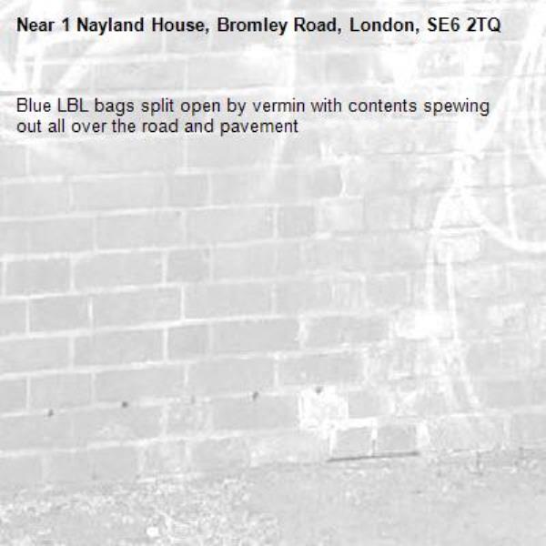 Blue LBL bags split open by vermin with contents spewing out all over the road and pavement -1 Nayland House, Bromley Road, London, SE6 2TQ