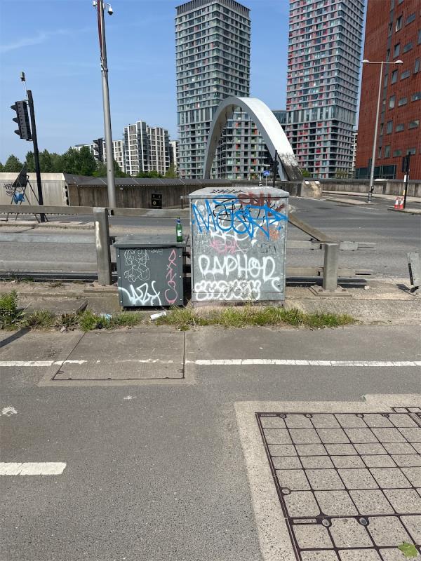 Graffiti slang on box by walkway bridge -Westfield Avenue, Stratford, London