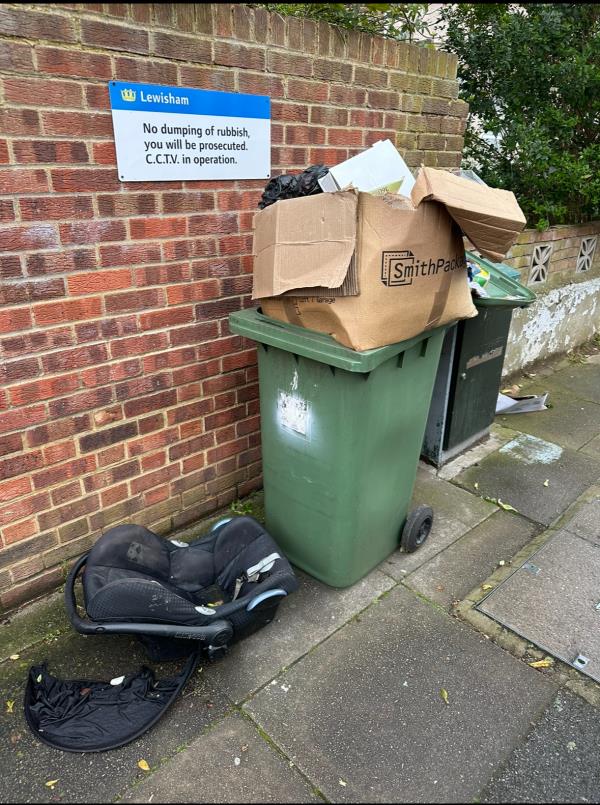 Wheelie bins that don’t belong to anyone left full and overflowing, plus baby car seat.-1 Fordel Road
