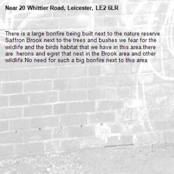 There is a large bonfire being built next to the nature reserve Saffron Brook next to the trees and bushes we fear for the wildlife and the birds habitat that we have in this area.there are  herons and egret that nest in the Brook area and other wildlife.No need for such a big bonfire next to this area-20 Whittier Road, Leicester, LE2 6LR