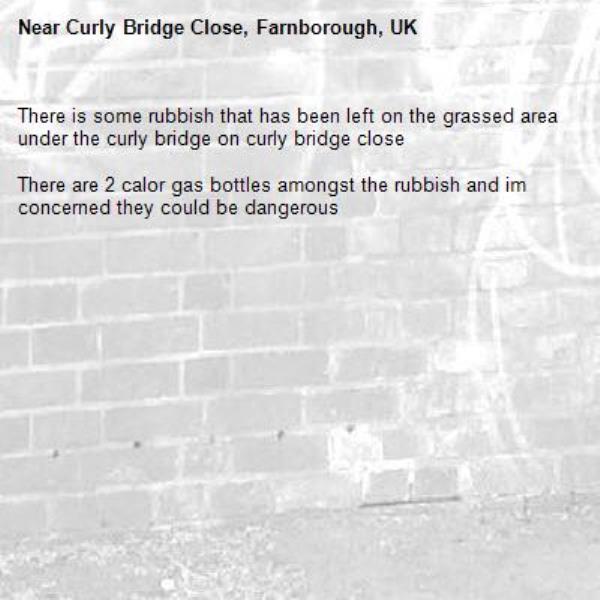 There is some rubbish that has been left on the grassed area under the curly bridge on curly bridge close 

There are 2 calor gas bottles amongst the rubbish and im concerned they could be dangerous -Curly Bridge Close, Farnborough, UK