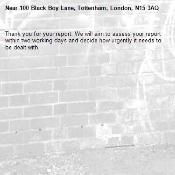 Thank you for your report. We will aim to assess your report within two working days and decide how urgently it needs to be dealt with.-100 Black Boy Lane, Tottenham, London, N15 3AQ