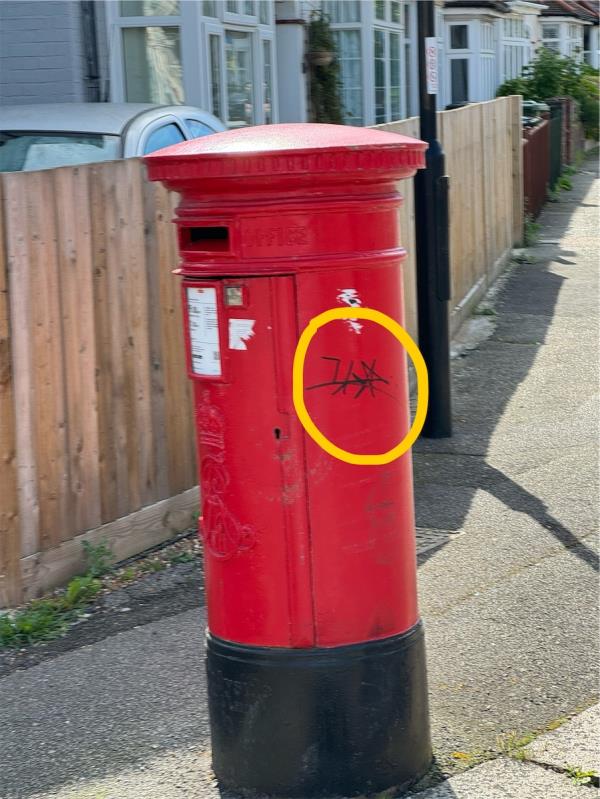 Graffiti on red Royal Mail postbox needs removing please.-Fernbrook Crescent, Leahurst Road, London, SE13 5NJ