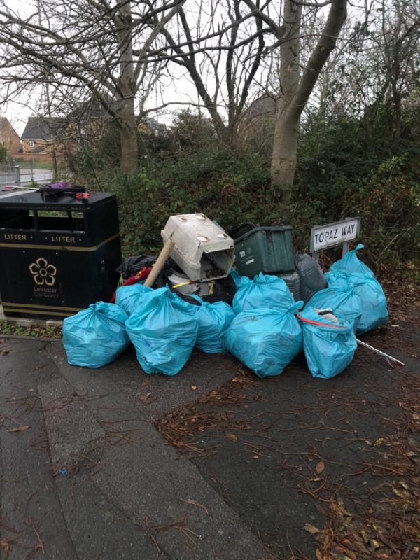 15 bags rubbish and general waste , rubbish from path and hedgerow -Unit 3 Kestrel Lane, Hamilton, LE5 1TJ