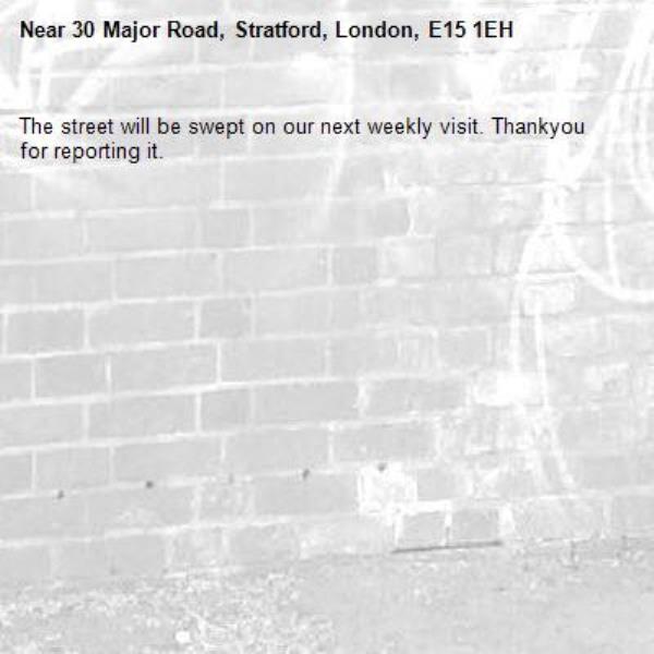The street will be swept on our next weekly visit. Thankyou for reporting it.-30 Major Road, Stratford, London, E15 1EH