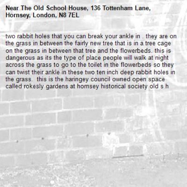 two rabbit holes that you can break your ankle in . they are on the grass in between the fairly new tree that is in a tree cage on the grass in between that tree and the flowerbeds. this is dangerous as its the type of place people will walk at night across the grass to go to the toilet in the flowerbeds so they can twist their ankle in these two ten inch deep rabbit holes in the grass.  this is the haringey council owned open space called rokesly gardens at hornsey historical society old s h-The Old School House, 136 Tottenham Lane, Hornsey, London, N8 7EL