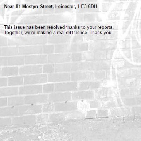 This issue has been resolved thanks to your reports.
Together, we’re making a real difference. Thank you.
-81 Mostyn Street, Leicester, LE3 6DU