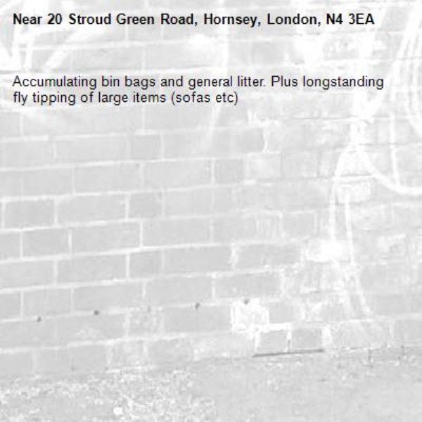 Accumulating bin bags and general litter. Plus longstanding fly tipping of large items (sofas etc)-20 Stroud Green Road, Hornsey, London, N4 3EA