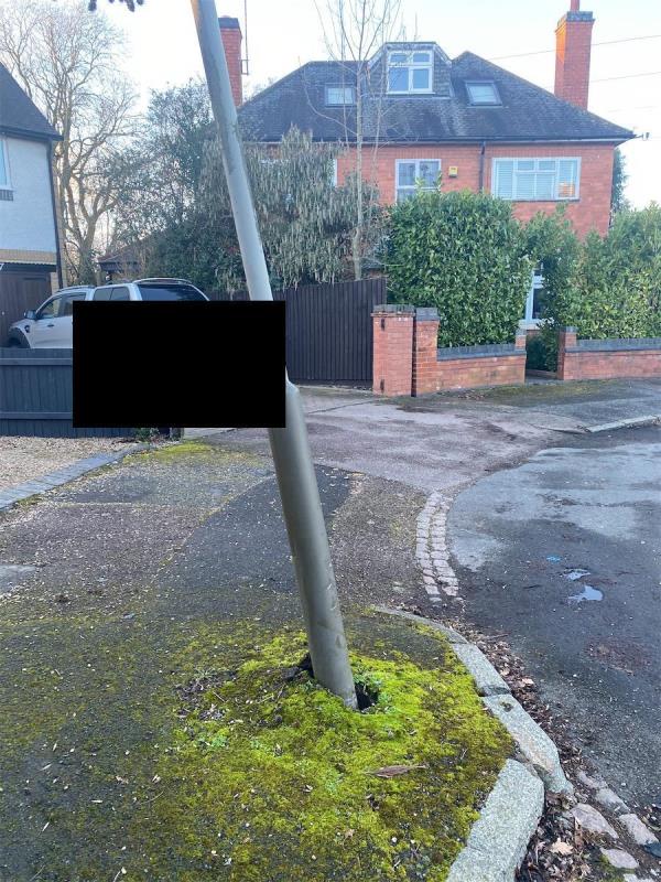 Lamppost has received damage (cause unknown) and is leaning dangerously.-6 Ryde Avenue, Leicester, LE2 3RD