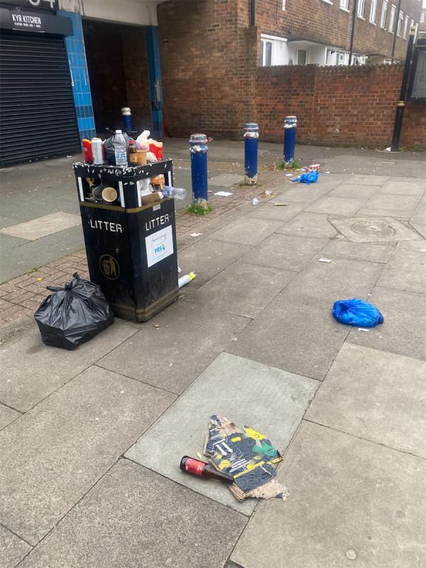 Bins not emptied so litter flying on the pavements and streets around-1 Edwin Street, Canning Town, London, E16 1PZ