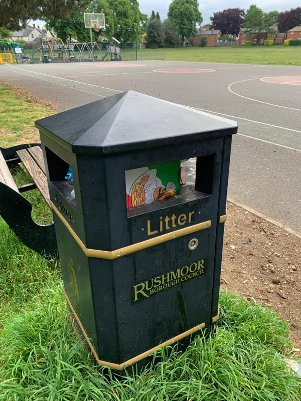 2 full bins, one over flowing. I have just picked up the rubbish.  Courts used all weekend so these bins need emptying to cater for weekend rubbish. -70 Osborne Road, Farnborough, GU14 6AF
