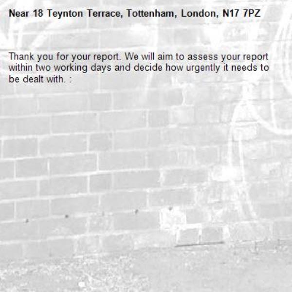 Thank you for your report. We will aim to assess your report within two working days and decide how urgently it needs to be dealt with. : -18 Teynton Terrace, Tottenham, London, N17 7PZ