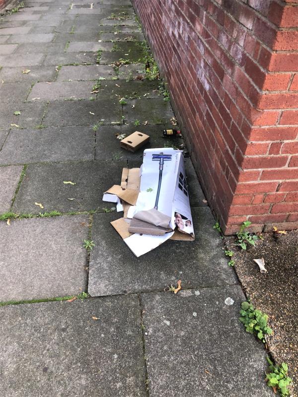 On Estate path to side of no 28. Please clear flytip cardboard-9 Mirror Path, Grove Park, London, SE9 4NY