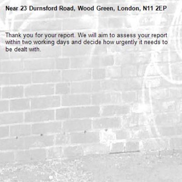Thank you for your report. We will aim to assess your report within two working days and decide how urgently it needs to be dealt with.-23 Durnsford Road, Wood Green, London, N11 2EP