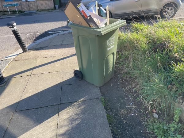 Abandoned bin (without house number) has been left on the corner of Devonshire Road and Dunoon Road for approx 2 weeks -2 Dunoon Road, London, SE23 3TF