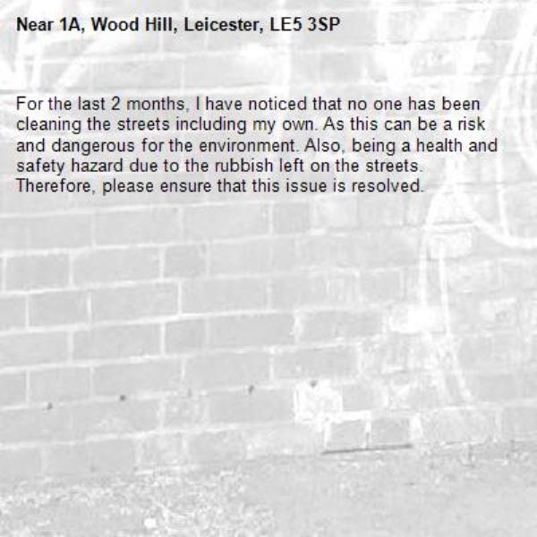 For the last 2 months, I have noticed that no one has been cleaning the streets including my own. As this can be a risk and dangerous for the environment. Also, being a health and safety hazard due to the rubbish left on the streets. Therefore, please ensure that this issue is resolved.-1A, Wood Hill, Leicester, LE5 3SP