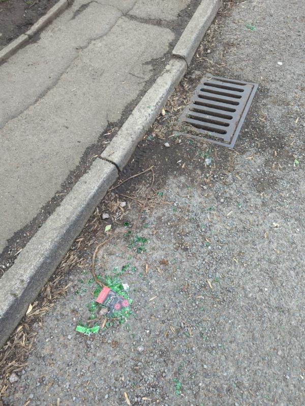 Smashed wine bottle on road next to pavement
Will not be cleaned up otherwise -107 Sanvey Lane, Leicester, LE2 8NG