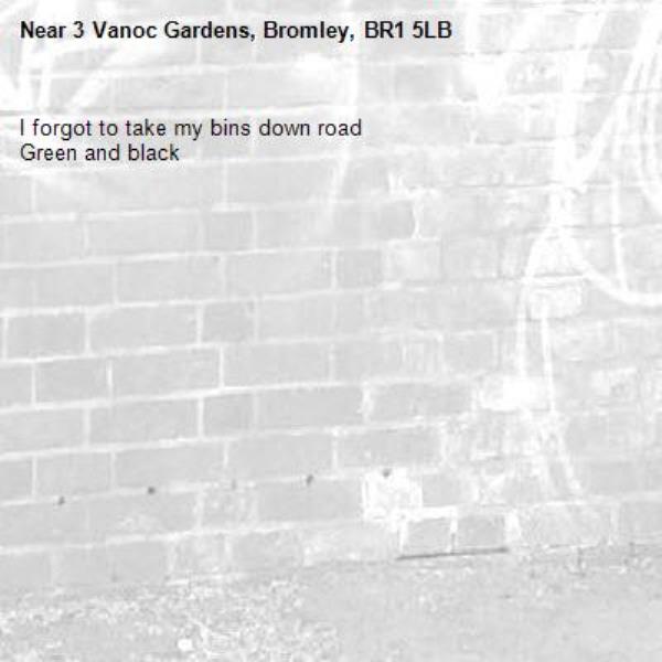 I forgot to take my bins down road 
Green and black -3 Vanoc Gardens, Bromley, BR1 5LB
