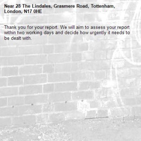 Thank you for your report. We will aim to assess your report within two working days and decide how urgently it needs to be dealt with.-28 The Lindales, Grasmere Road, Tottenham, London, N17 0HE