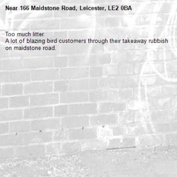 Too much litter.
A lot of blazing bird customers through their takeaway rubbish on maidstone road.-166 Maidstone Road, Leicester, LE2 0BA