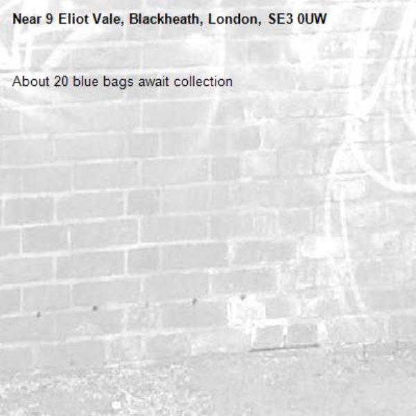 About 20 blue bags await collection-9 Eliot Vale, Blackheath, London, SE3 0UW