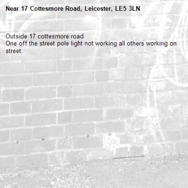 Outside 17 cottesmore road
One off the street pole light not working all others working on street. -17 Cottesmore Road, Leicester, LE5 3LN