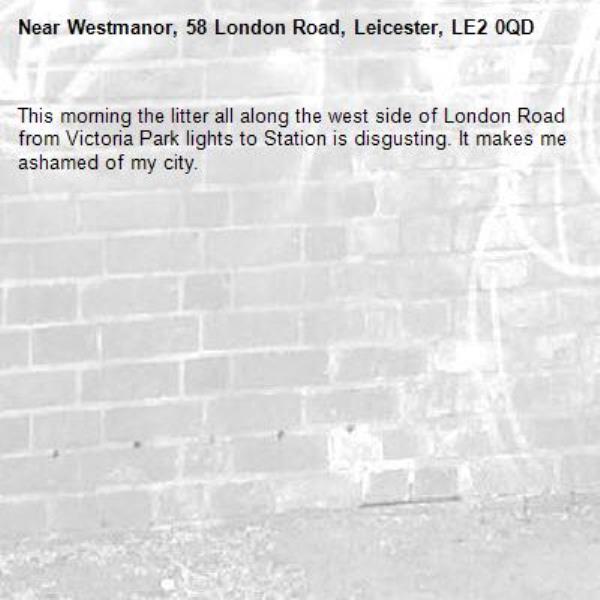 This morning the litter all along the west side of London Road from Victoria Park lights to Station is disgusting. It makes me ashamed of my city. -Westmanor, 58 London Road, Leicester, LE2 0QD