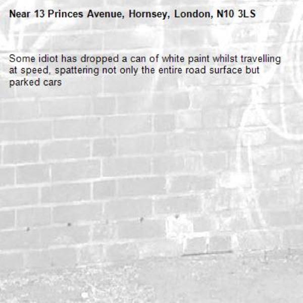 Some idiot has dropped a can of white paint whilst travelling at speed, spattering not only the entire road surface but parked cars-13 Princes Avenue, Hornsey, London, N10 3LS