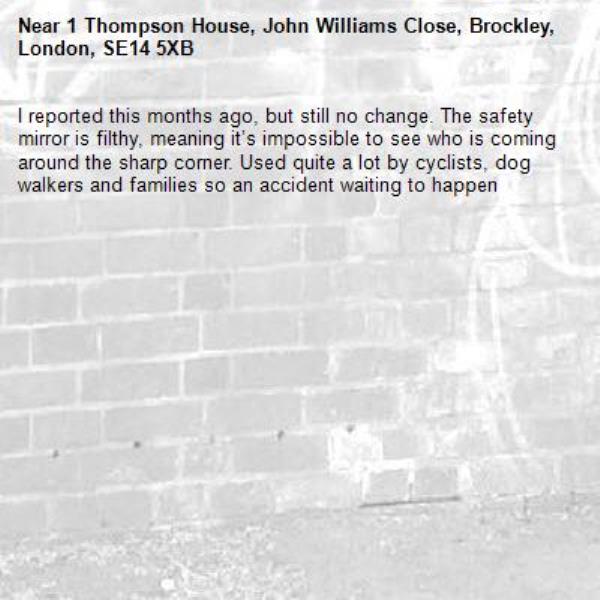 I reported this months ago, but still no change. The safety mirror is filthy, meaning it’s impossible to see who is coming around the sharp corner. Used quite a lot by cyclists, dog walkers and families so an accident waiting to happen -1 Thompson House, John Williams Close, Brockley, London, SE14 5XB