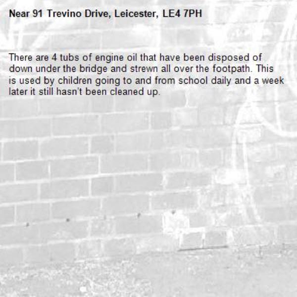 There are 4 tubs of engine oil that have been disposed of down under the bridge and strewn all over the footpath. This is used by children going to and from school daily and a week later it still hasn’t been cleaned up. -91 Trevino Drive, Leicester, LE4 7PH