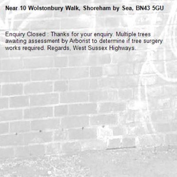 Enquiry Closed : Thanks for your enquiry. Multiple trees awaiting assessment by Arborist to determine if tree surgery works required. Regards, West Sussex Highways.-10 Wolstonbury Walk, Shoreham by Sea, BN43 5GU