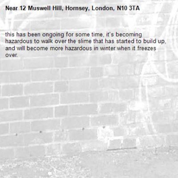 this has been ongoing for some time, it's becoming hazardous to walk over the slime that has started to build up, and will become more hazardous in winter when it freezes over.
-12 Muswell Hill, Hornsey, London, N10 3TA