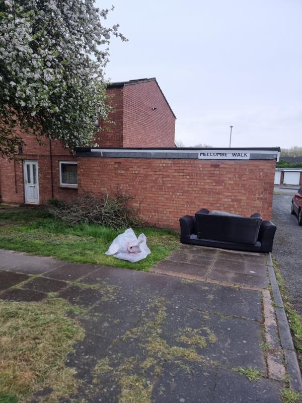 Sofa, bags left & someone has decided to chop the tree and leave the branches there....this is a common hotspot for fly tipping! -3 Grovebury Walk, Leicester, LE4 2TE