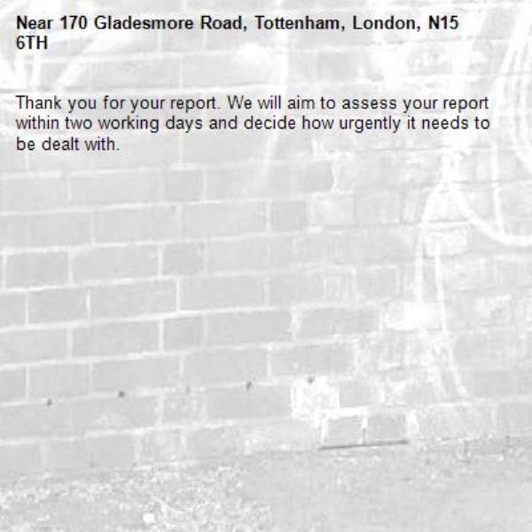 Thank you for your report. We will aim to assess your report within two working days and decide how urgently it needs to be dealt with.-170 Gladesmore Road, Tottenham, London, N15 6TH