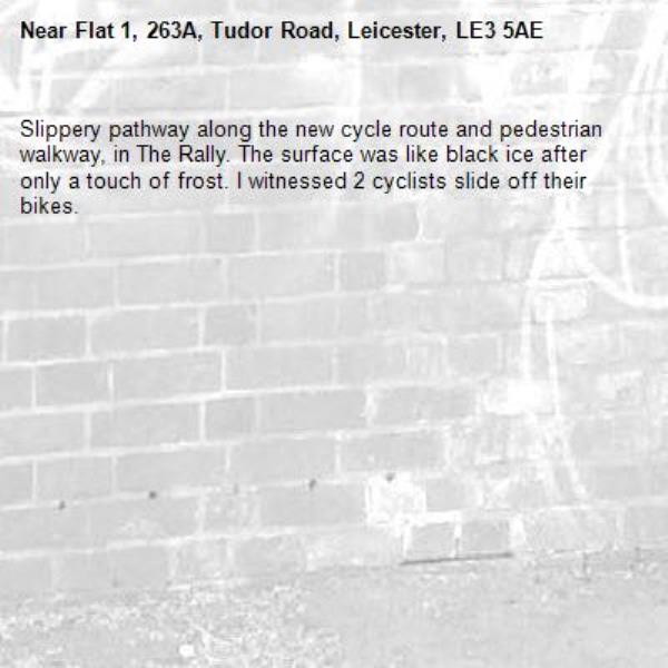 Slippery pathway along the new cycle route and pedestrian walkway, in The Rally. The surface was like black ice after only a touch of frost. I witnessed 2 cyclists slide off their bikes.-Flat 1, 263A, Tudor Road, Leicester, LE3 5AE