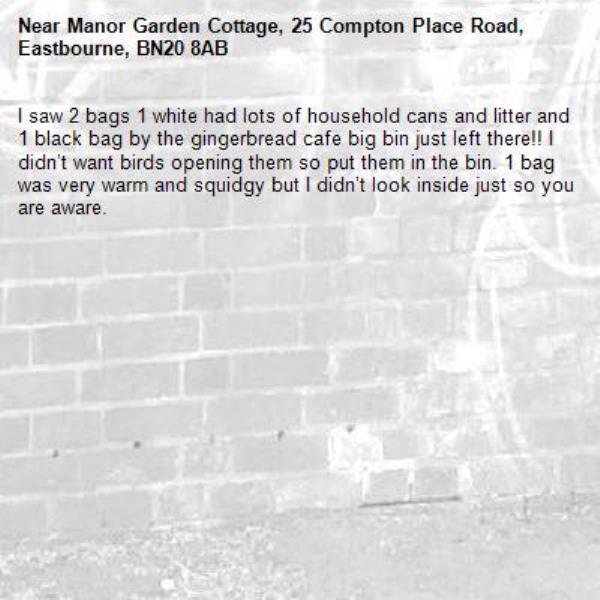I saw 2 bags 1 white had lots of household cans and litter and 1 black bag by the gingerbread cafe big bin just left there!! I didn’t want birds opening them so put them in the bin. 1 bag was very warm and squidgy but I didn’t look inside just so you are aware. -Manor Garden Cottage, 25 Compton Place Road, Eastbourne, BN20 8AB