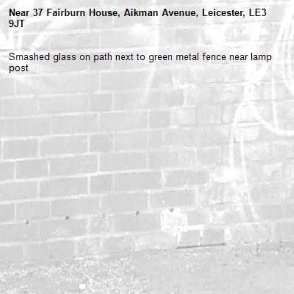Smashed glass on path next to green metal fence near lamp post -37 Fairburn House, Aikman Avenue, Leicester, LE3 9JT