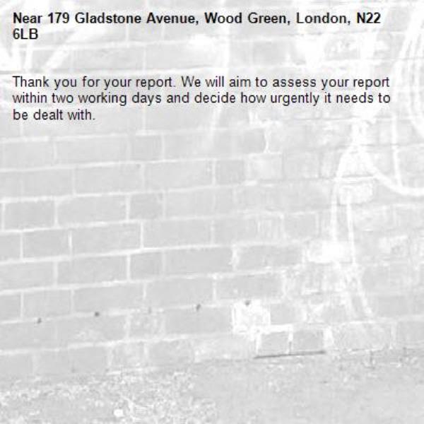 Thank you for your report. We will aim to assess your report within two working days and decide how urgently it needs to be dealt with.-179 Gladstone Avenue, Wood Green, London, N22 6LB