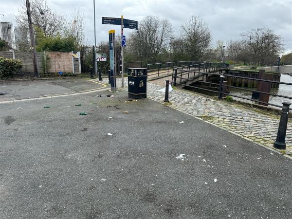 This area is continually covered in litter and broken glass. It is disgusting, and frankly a danger to public health, especially with young children walking over the broken glass.-128 Bisson Road, Stratford, London, E15 2RF