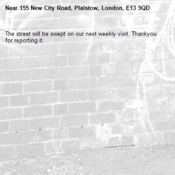 The street will be swept on our next weekly visit. Thankyou for reporting it.-155 New City Road, Plaistow, London, E13 9QD