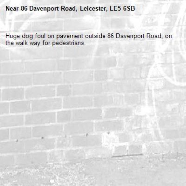 Huge dog foul on pavement outside 86 Davenport Road, on the walk way for pedestrians.-86 Davenport Road, Leicester, LE5 6SB