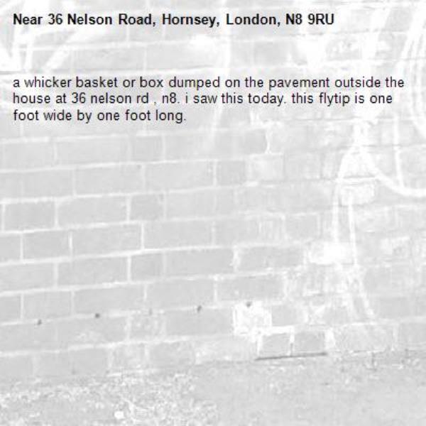 a whicker basket or box dumped on the pavement outside the house at 36 nelson rd , n8. i saw this today. this flytip is one foot wide by one foot long.-36 Nelson Road, Hornsey, London, N8 9RU