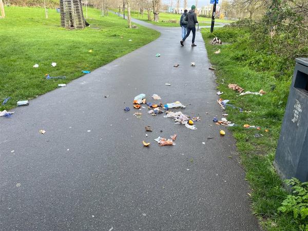 Litter strewn across path.-Ladywell Fields