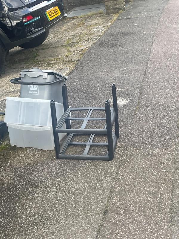 Recent heavy winds blew a food bin on the footpath. It has remained unclaimed and each day another item of rubbish is added. Can the items be removed please before it becomes more of an eye sore than it is please.-38 Goudhurst Road, Bromley, BR1 4QQ