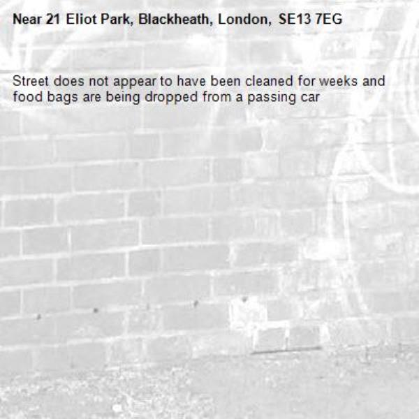Street does not appear to have been cleaned for weeks and food bags are being dropped from a passing car-21 Eliot Park, Blackheath, London, SE13 7EG