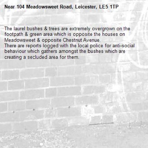 The laurel bushes &amp; trees are extremely overgrown on the footpath &amp; green area which is opposite the houses on Meadowsweet &amp; opposite Chestnut Avenue. 
There are reports logged with the local police for anti-social behaviour which gathers amongst the bushes which are creating a secluded area for them. -104 Meadowsweet Road, Leicester, LE5 1TP